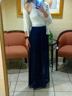 Blue and White Lace Maxi Dress with Slit